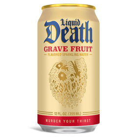 Liquid Death Grave Fruit label closeup shows no artificial sweeteners