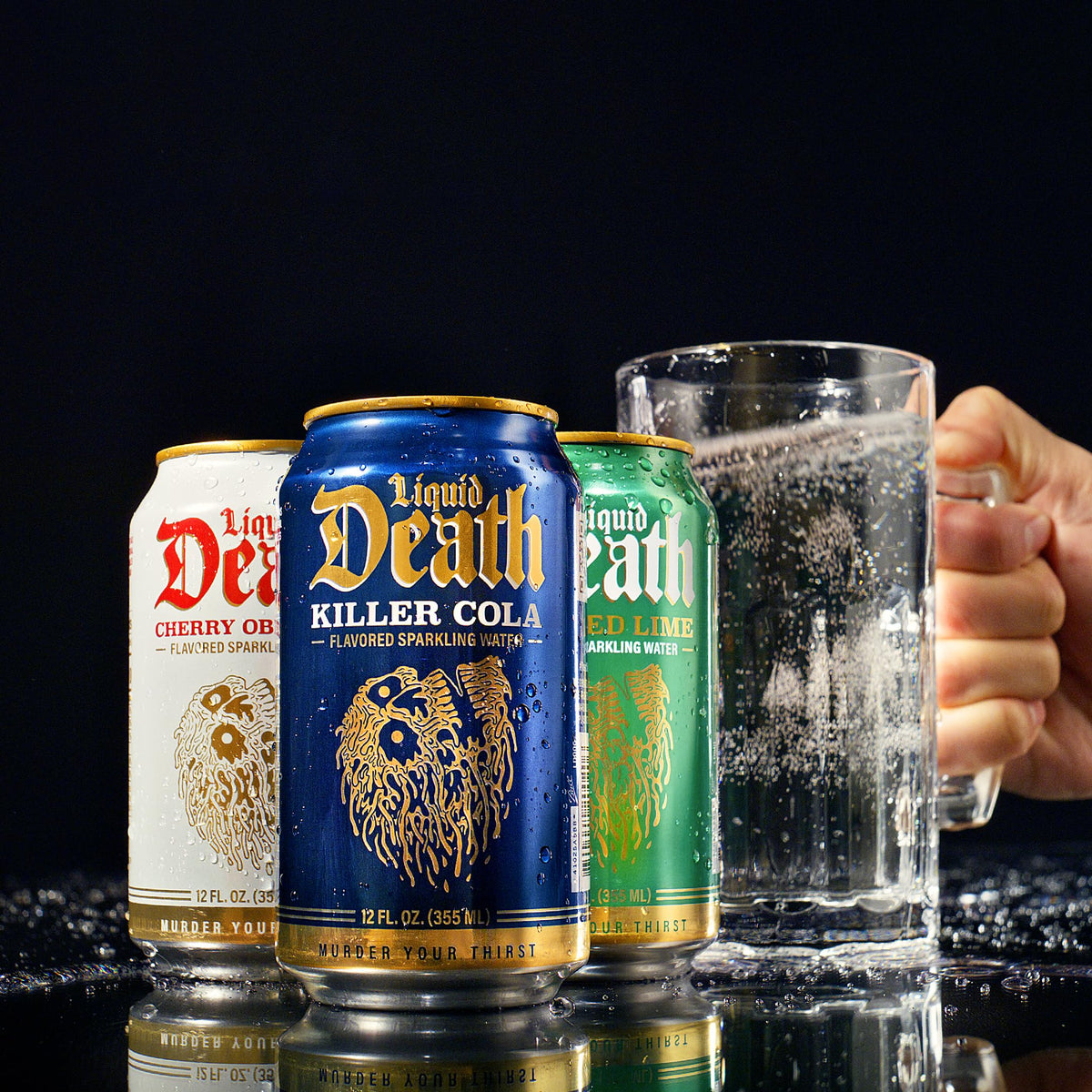 Liquid Death Grave Fruit 12-pack stacked for sharing