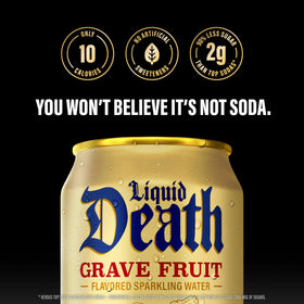 Liquid Death Grave Fruit pack on shelf with recyclable cans