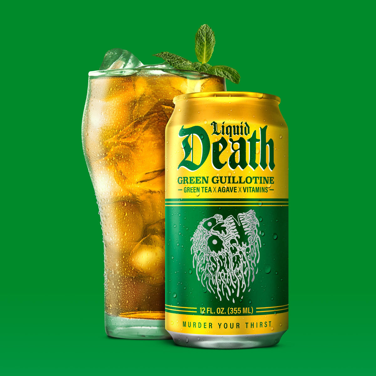 Liquid Death Green Guillotine iced tea caffeine boost icon signaling natural energy