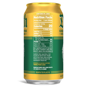 Liquid Death Green Guillotine iced tea can pouring into a glass showcasing crisp flavor
