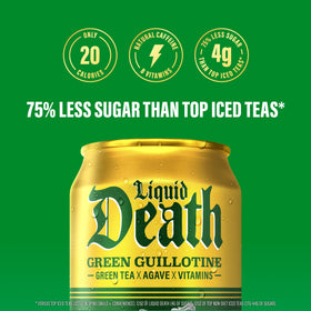Liquid Death Green Guillotine iced tea label closeup highlighting ingredients and no artificial sweeteners