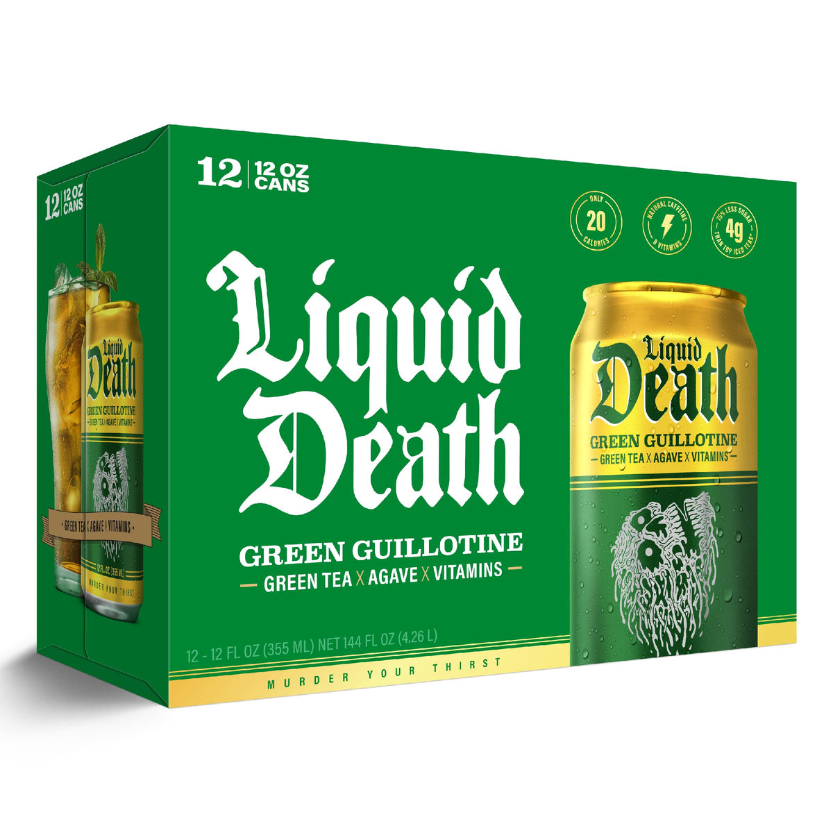 Liquid Death Green Guillotine iced tea donation label spotlighting plastic pollution initiative
