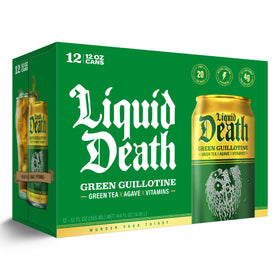 Liquid Death Green Guillotine iced tea donation label spotlighting plastic pollution initiative