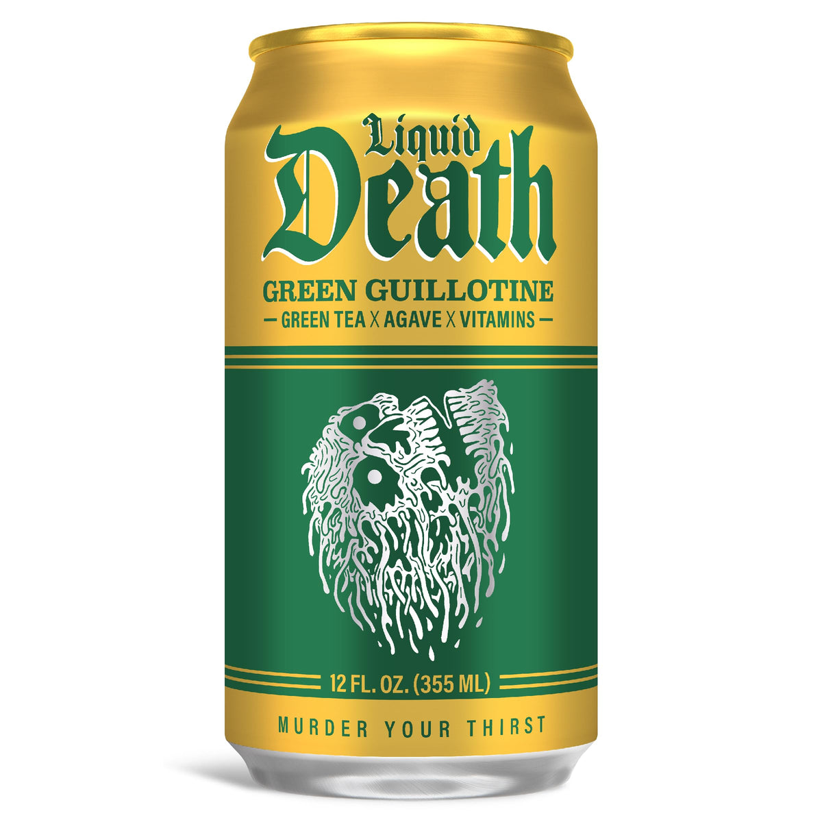 Liquid Death Green Guillotine iced tea pack shot emphasizing 12-pack convenience