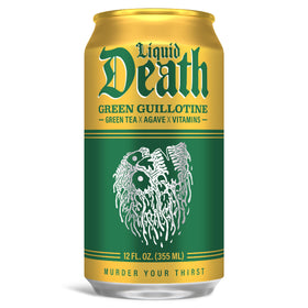 Liquid Death Green Guillotine iced tea pack shot emphasizing 12-pack convenience