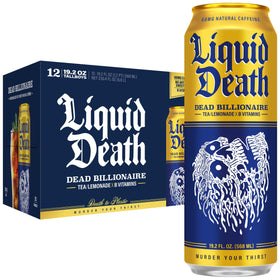 Liquid Death Dead Billionaire iced tea pour reveals bold black tea and lemonade flavor for a refreshing pick-me-up