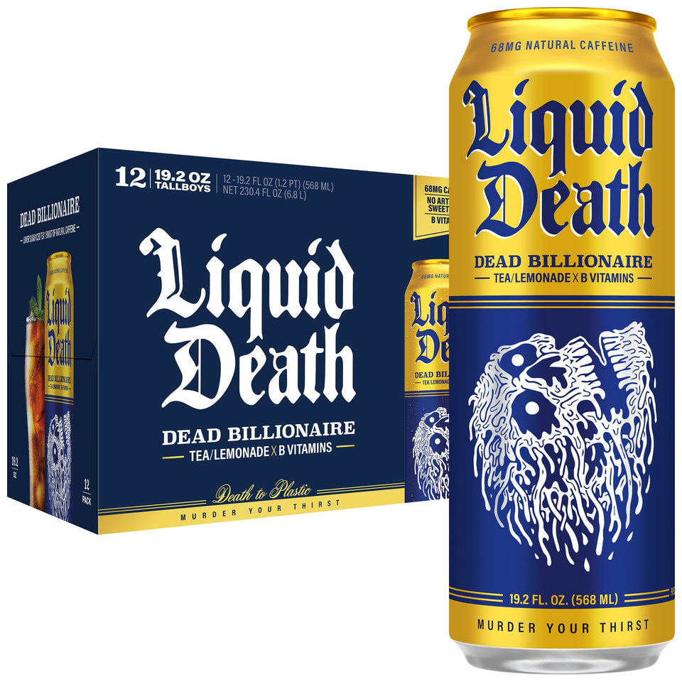 Liquid Death Dead Billionaire iced tea pour reveals bold black tea and lemonade flavor for a refreshing pick-me-up