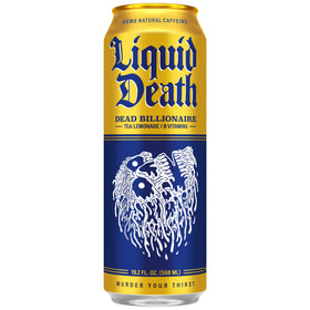 Liquid Death Dead Billionaire can close-up highlights recyclable cans and eco-friendly packaging