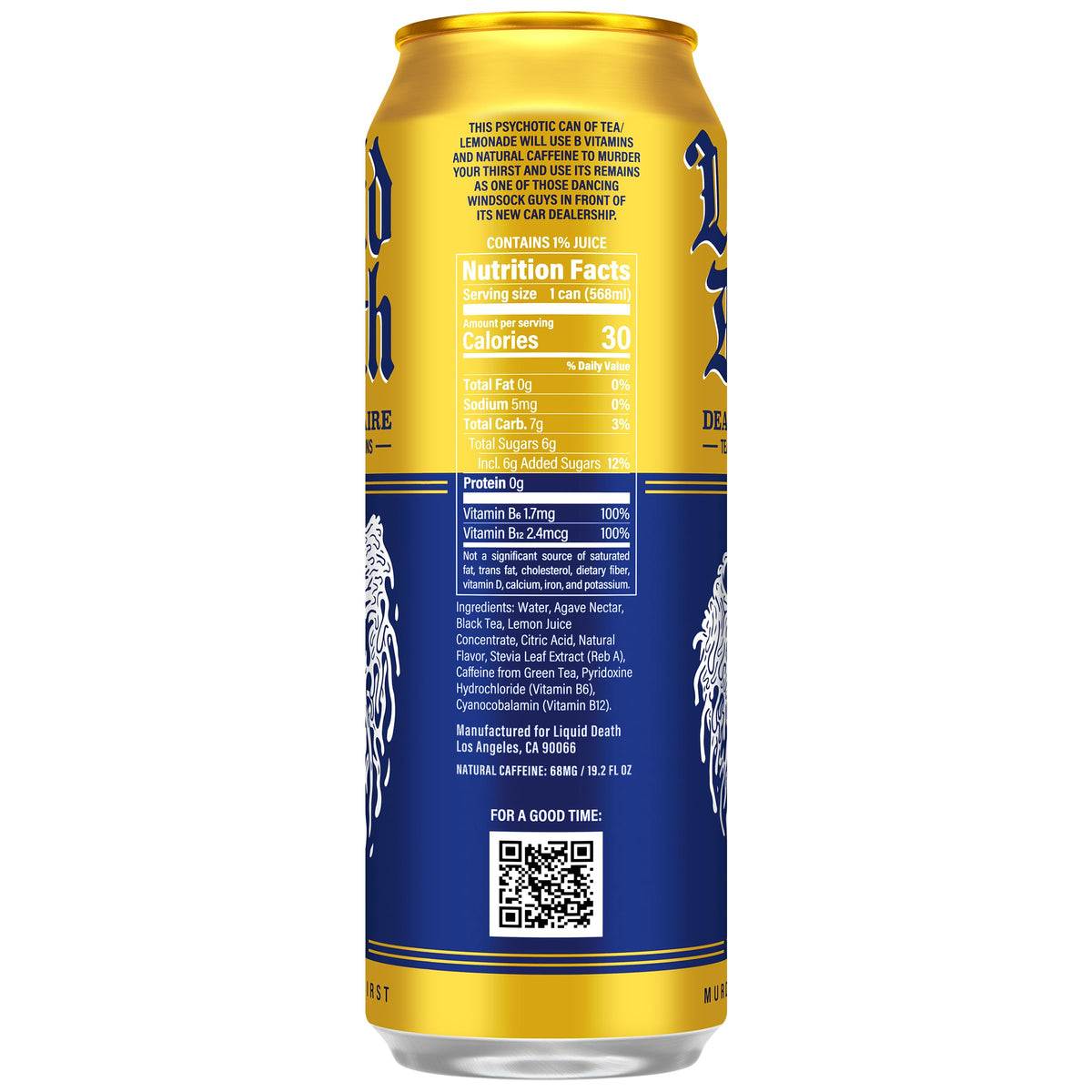 Liquid Death Dead Billionaire label detail shows bold branding and no artificial sweeteners