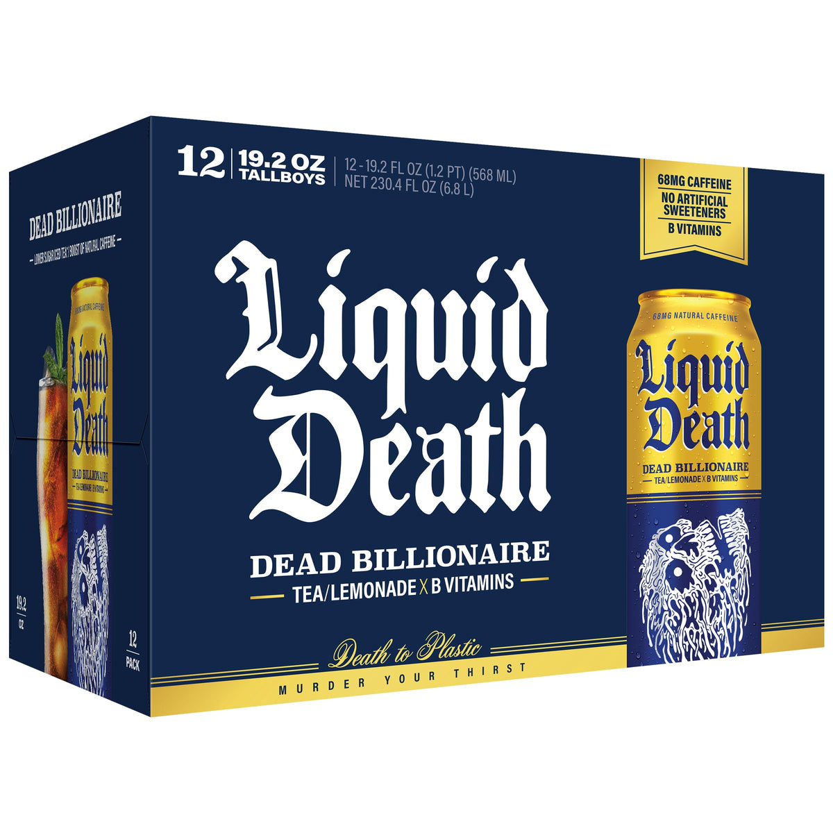 Liquid Death Dead Billionaire splash-glass highlights bold tea flavor and caffeine boost