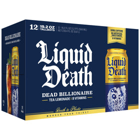 Liquid Death Dead Billionaire splash-glass highlights bold tea flavor and caffeine boost