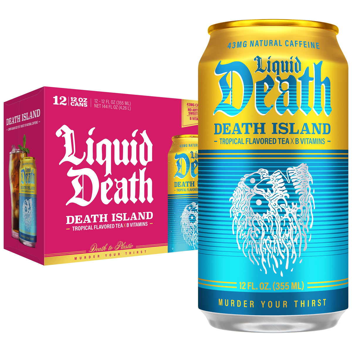 Liquid Death Death Island iced tea front can highlighting tropical black tea flavor and lower sugar