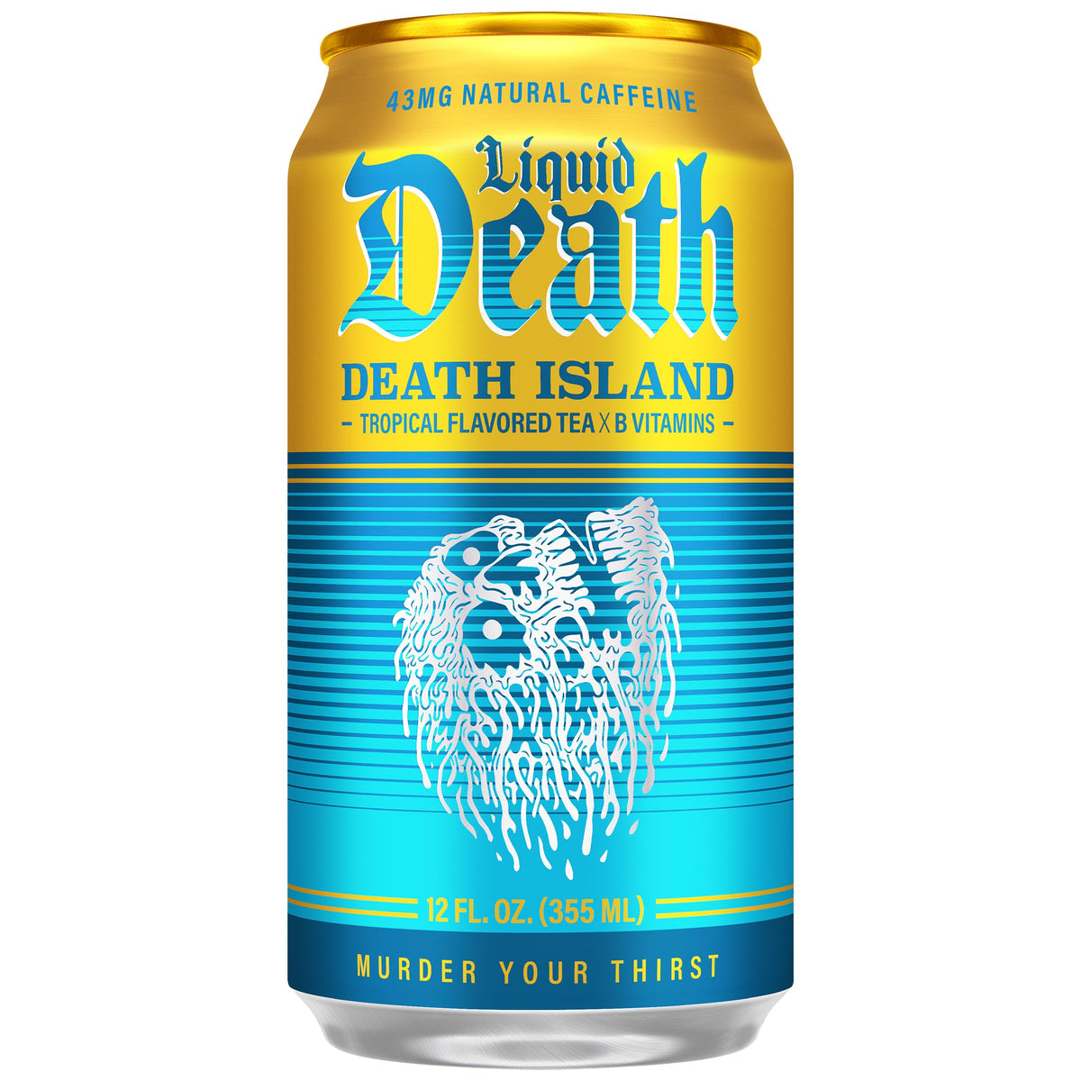 Liquid Death Death Island label closeup showcasing pineapple and mango notes