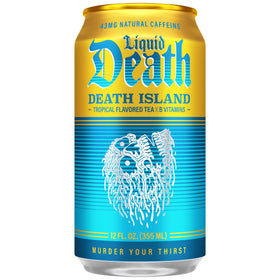 Liquid Death Death Island label closeup showcasing pineapple and mango notes
