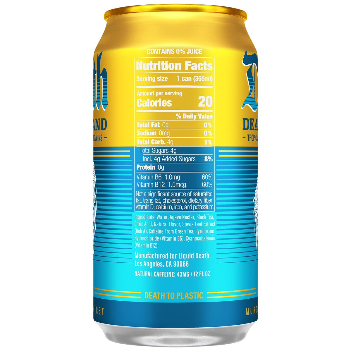 Liquid Death Death Island pineapple-mango swirl can image suggesting tropical refreshment