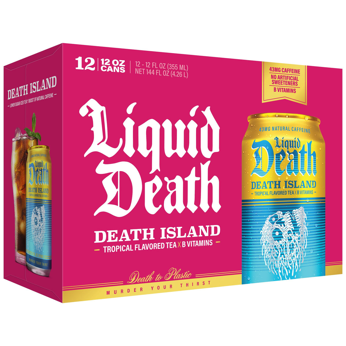 Liquid Death Death Island recyclable can with eco-friendly messaging and bold branding