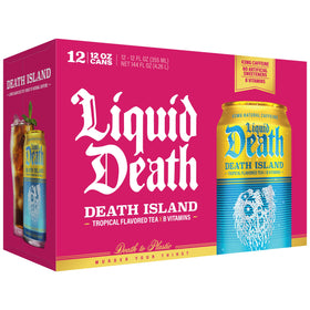Liquid Death Death Island recyclable can with eco-friendly messaging and bold branding