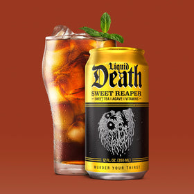 Caffeine boost graphic beside Liquid Death Iced Tea Sweet Reaper
