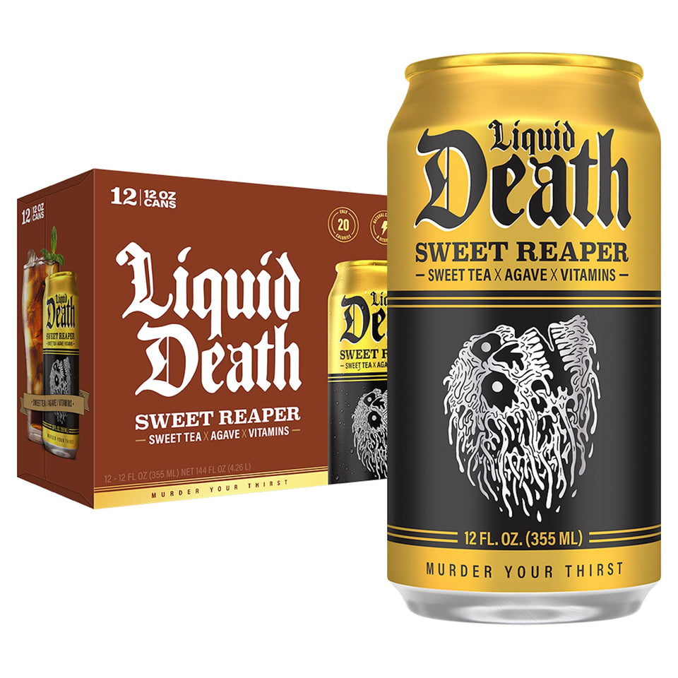 Liquid Death Sweet Reaper can with bold black tea flavor and low sugar