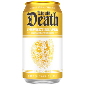 Liquid Death Iced Tea unsweet can side view highlighting zero sugar and calories