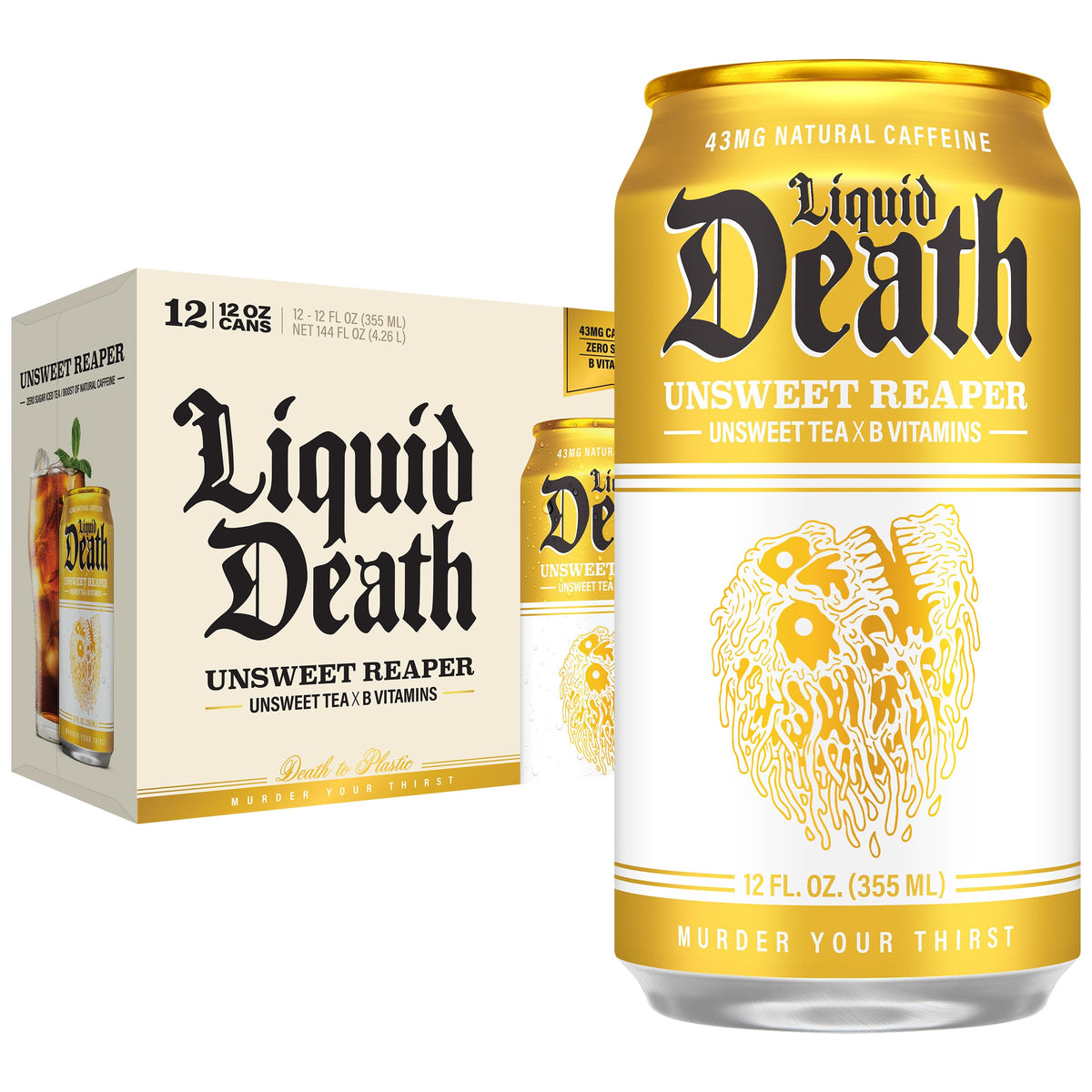 Liquid Death Iced Tea Unsweet Reaper label close-up showing authentic black tea flavor