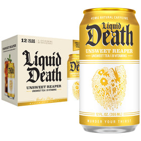 Liquid Death Iced Tea Unsweet Reaper label close-up showing authentic black tea flavor