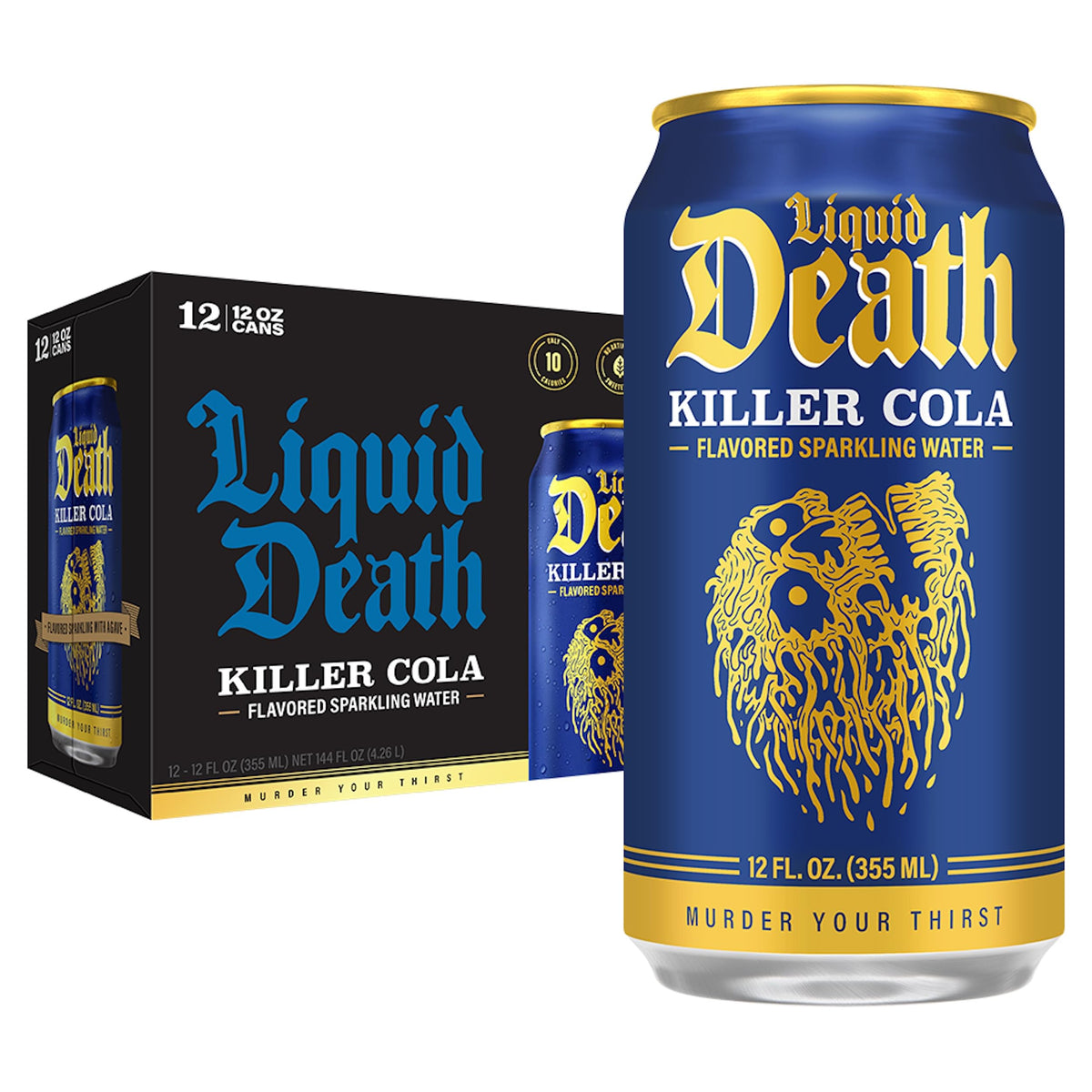 Liquid Death Killer Cola can ready to chill for a crisp, caffeine-free refresh.