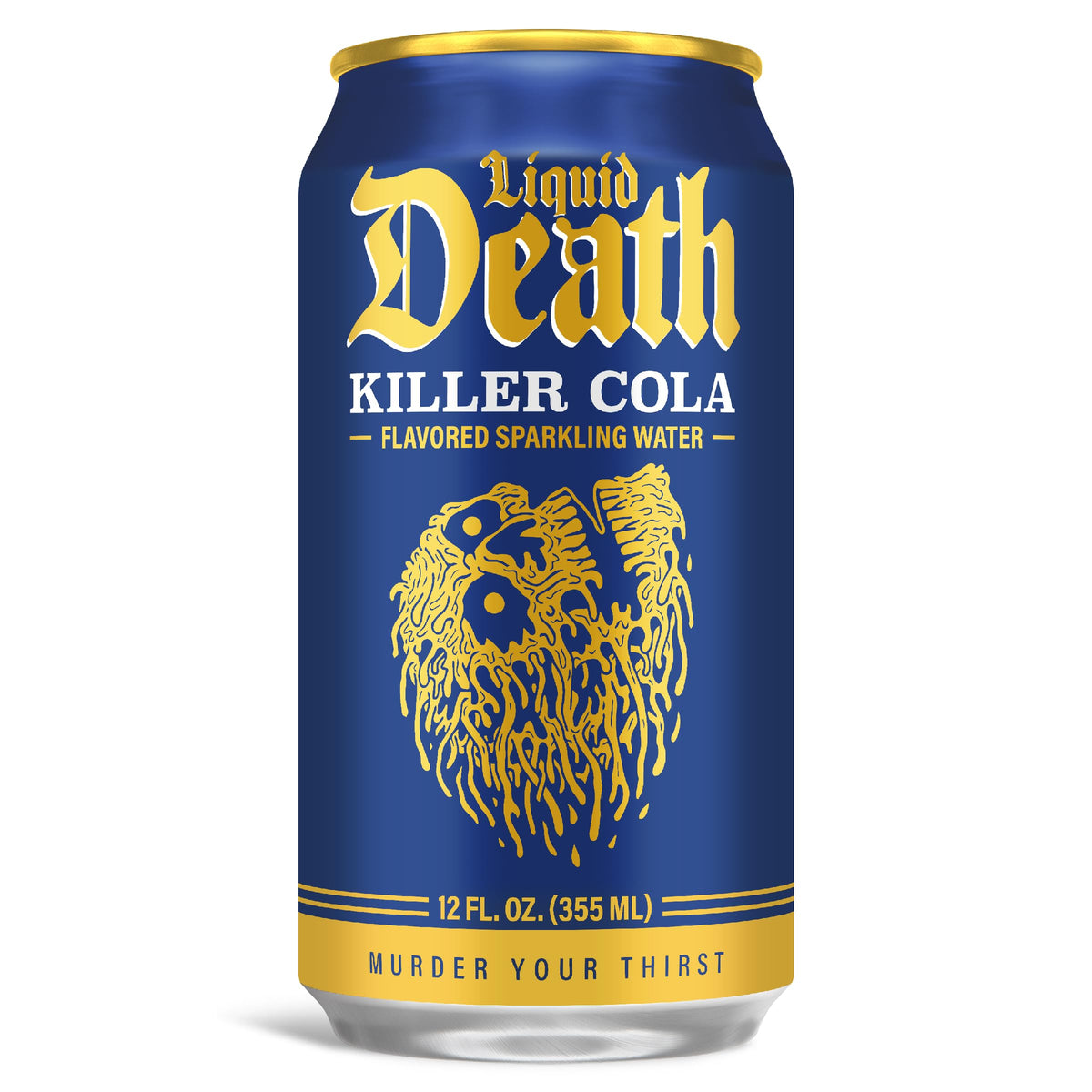 Close-up of Liquid Death Killer Cola label highlighting traditional cola flavors.