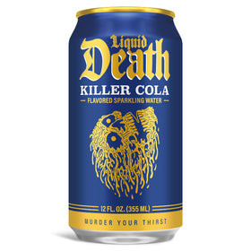 Close-up of Liquid Death Killer Cola label highlighting traditional cola flavors.