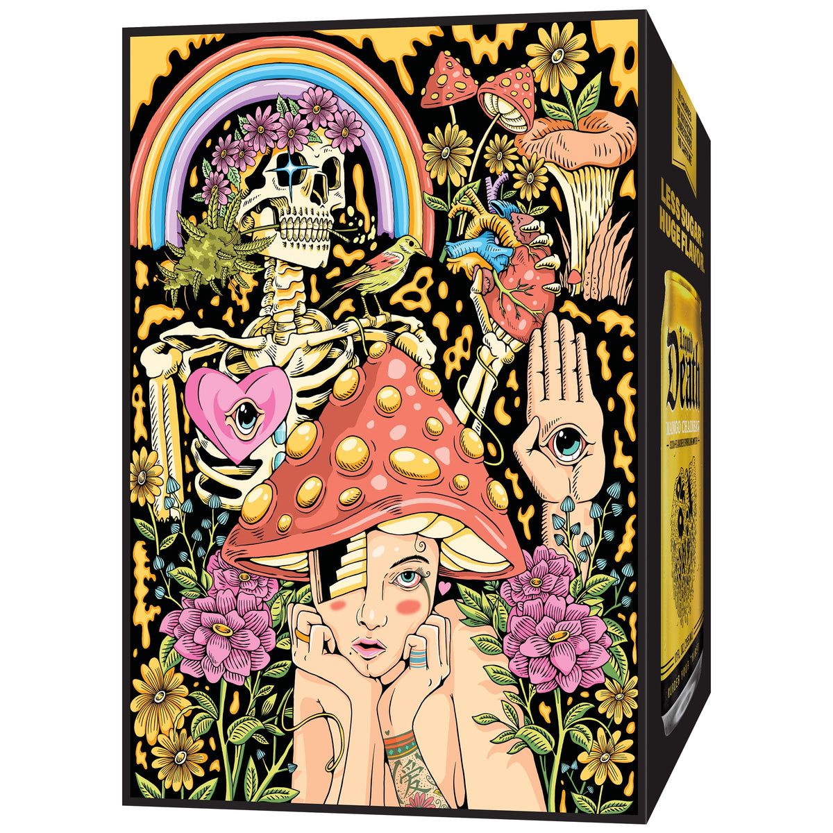 Liquid Death Mango Chainsaw brand art highlights natural flavor and eco-friendly vibe.