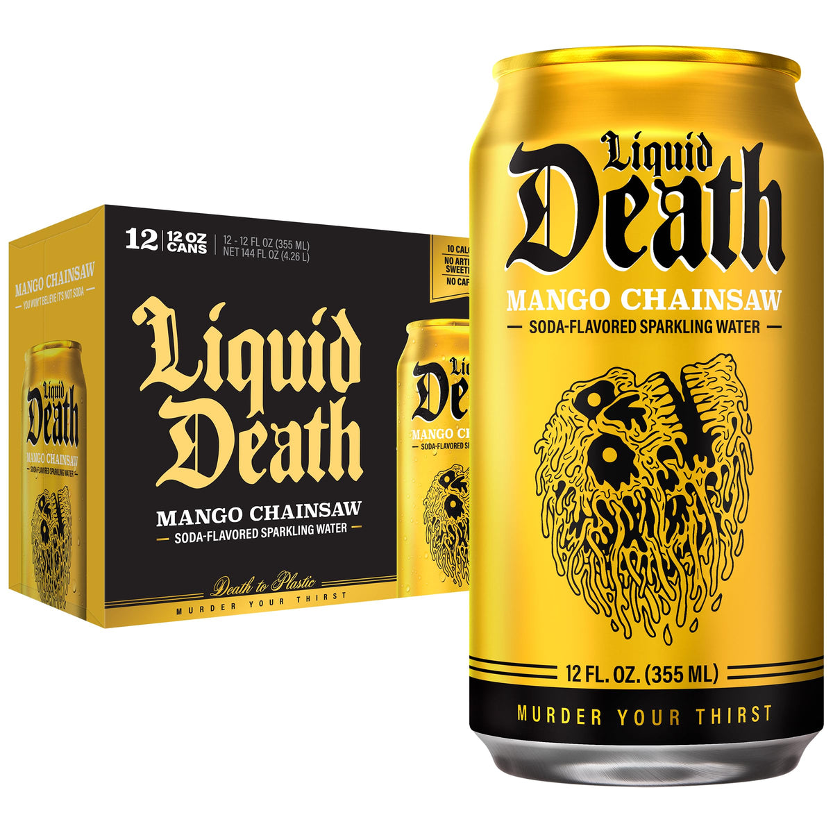 Liquid Death Mango Chainsaw can front view highlighting ripe mango flavor and low sugar.