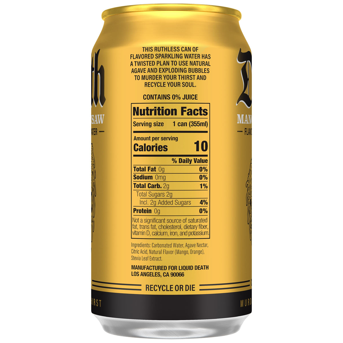 Liquid Death Mango Chainsaw closeup label emphasizes recyclable cans and natural aroma.