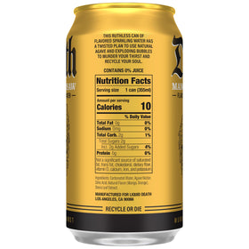 Liquid Death Mango Chainsaw closeup label emphasizes recyclable cans and natural aroma.