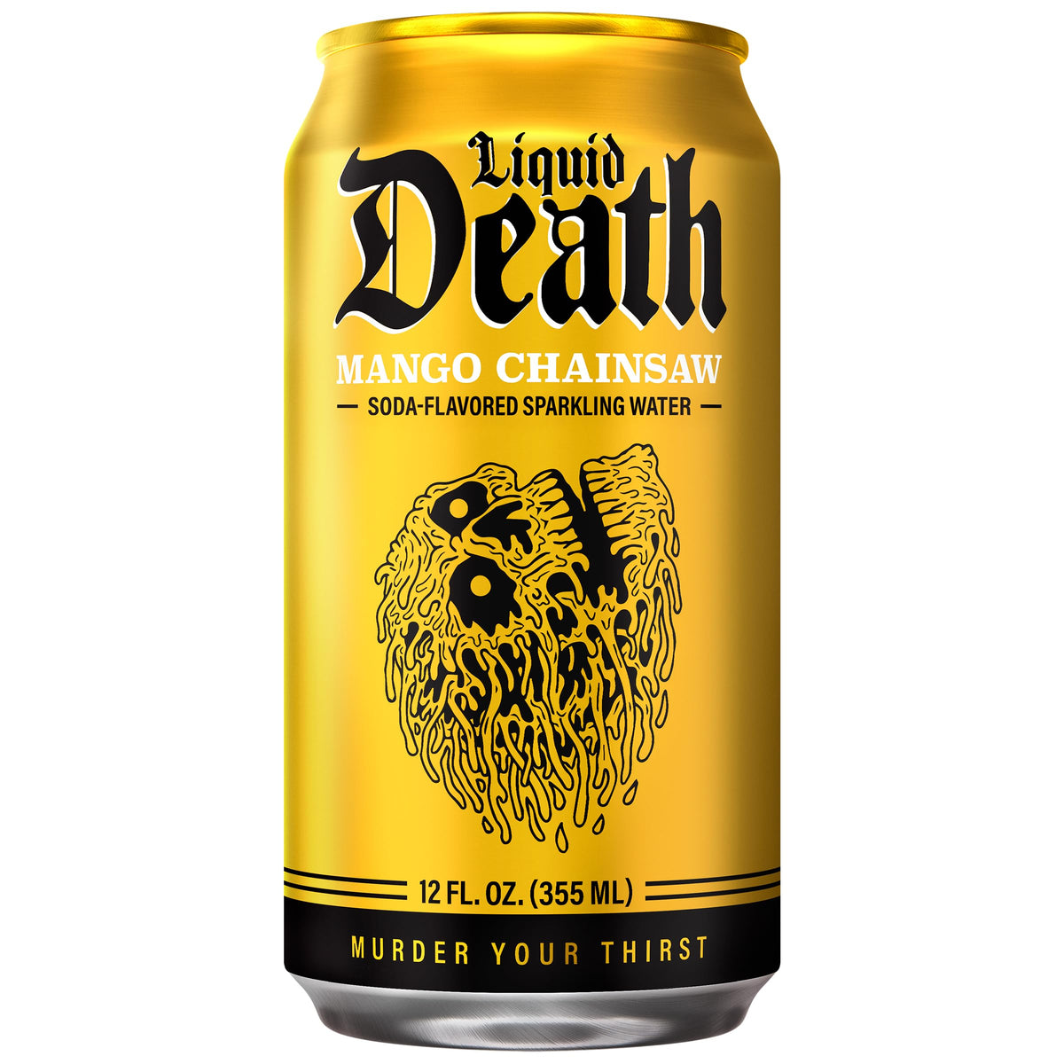 Liquid Death Mango Chainsaw can side view shows bold flavor with zero caffeine.