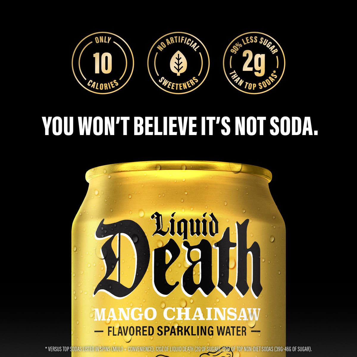 Liquid Death Mango Chainsaw pour into glass suggests refreshing, caffeine-free sipping.