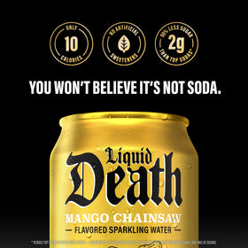 Liquid Death Mango Chainsaw pour into glass suggests refreshing, caffeine-free sipping.