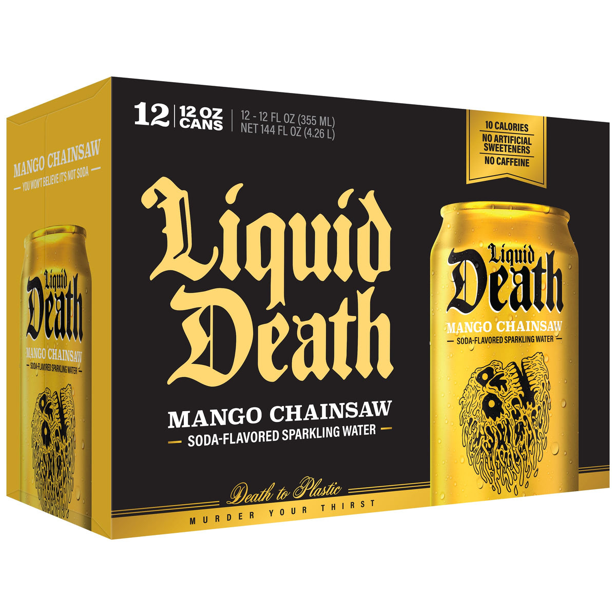 Liquid Death Mango Chainsaw recyclable can with bold branding in product image.