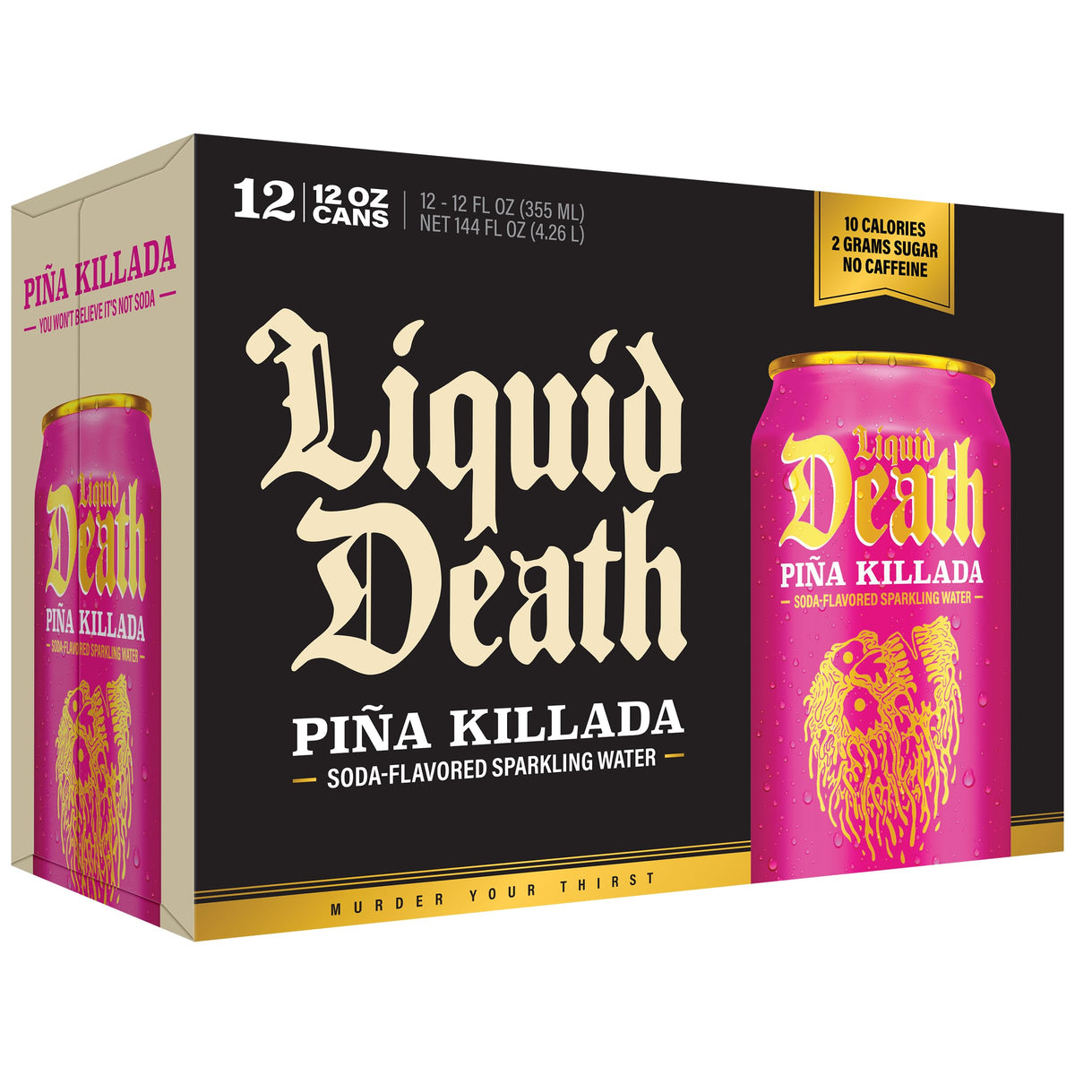 Liquid Death Piña Killada no sugar 2g sugar info signaling low-sugar refreshment