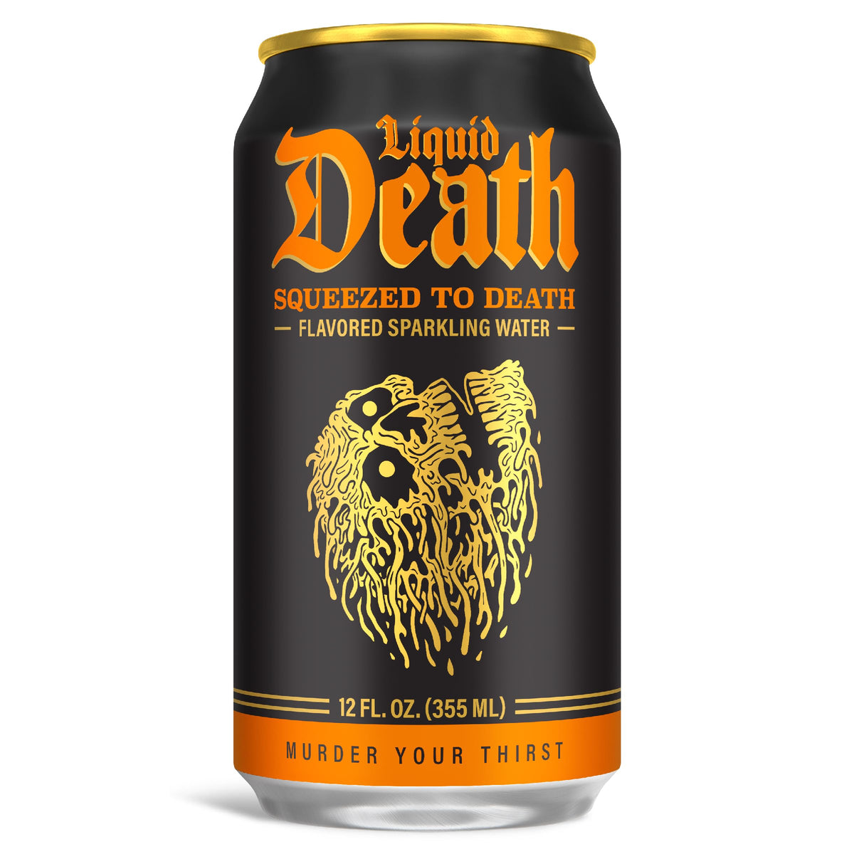 Liquid Death orange soda can back view showing recyclable packaging