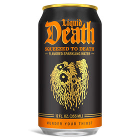 Liquid Death orange soda can back view showing recyclable packaging