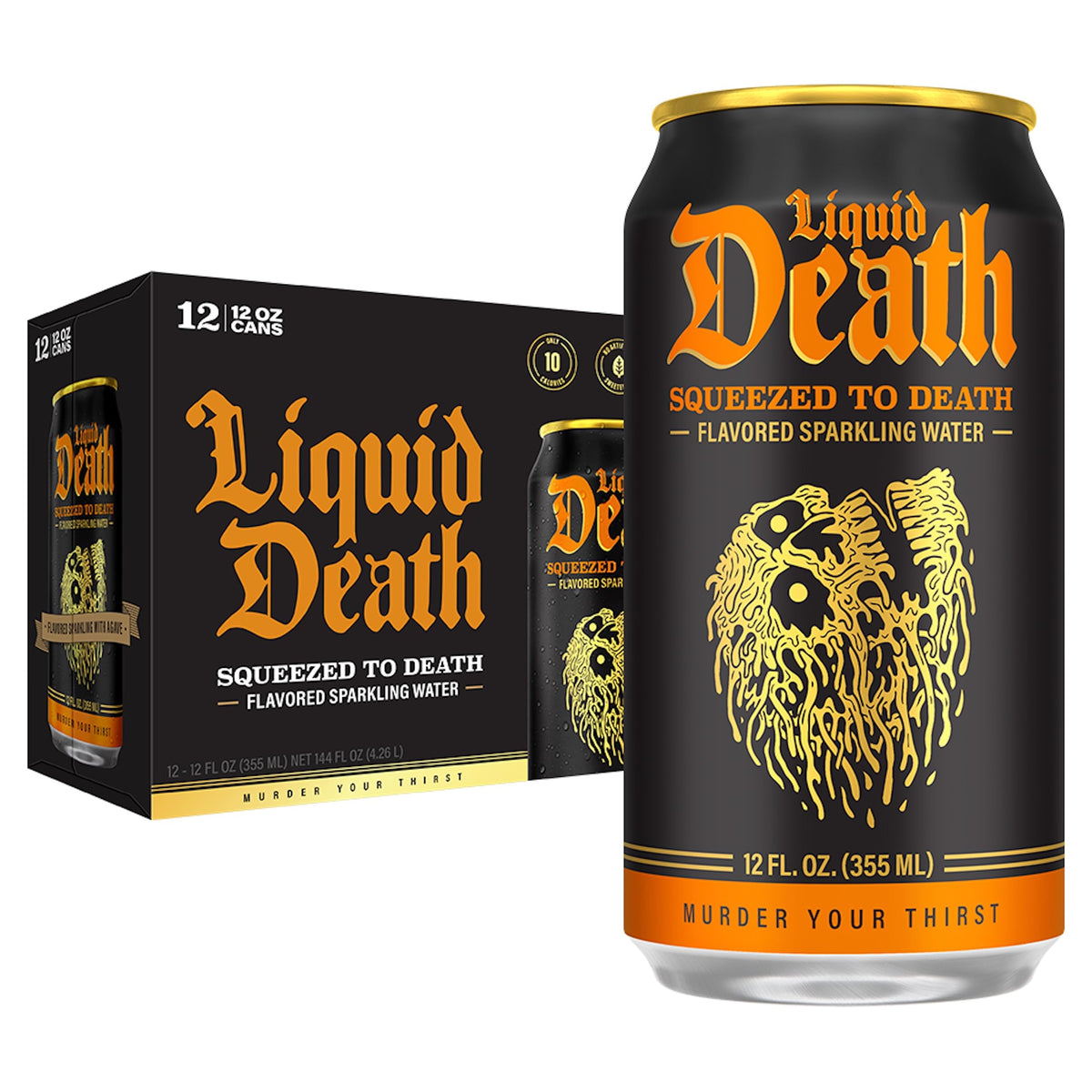 Liquid Death orange soda can front view highlighting bold flavor and no caffeine