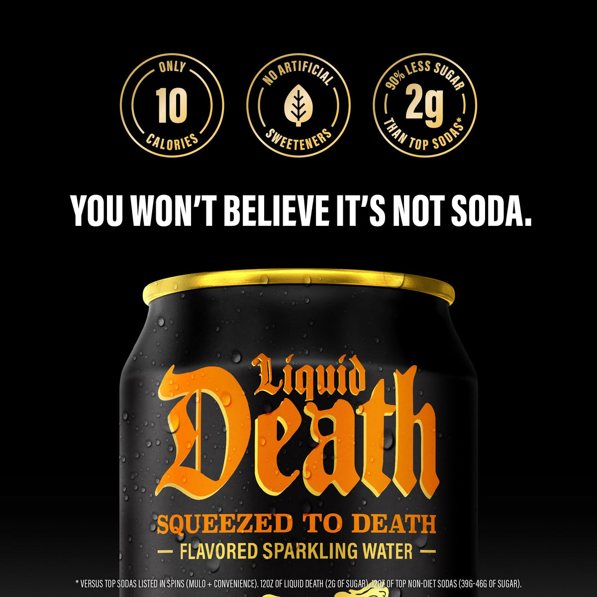 Liquid Death orange soda close-up on label emphasizing natural flavor notes