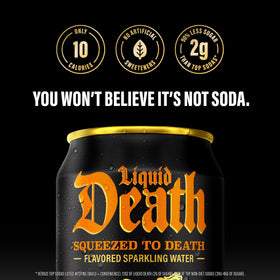 Liquid Death orange soda close-up on label emphasizing natural flavor notes