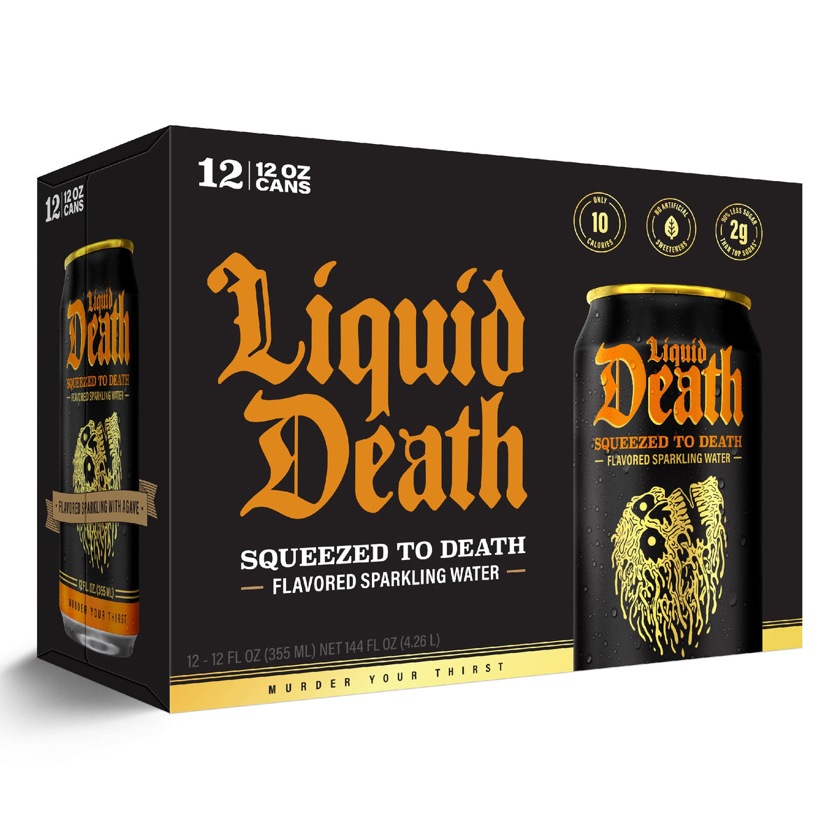 Liquid Death orange soda in a glass with ice, ready to sip