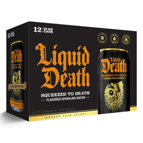 Liquid Death orange soda in a glass with ice, ready to sip