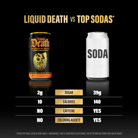 Liquid Death orange soda label close-up highlighting clean ingredients