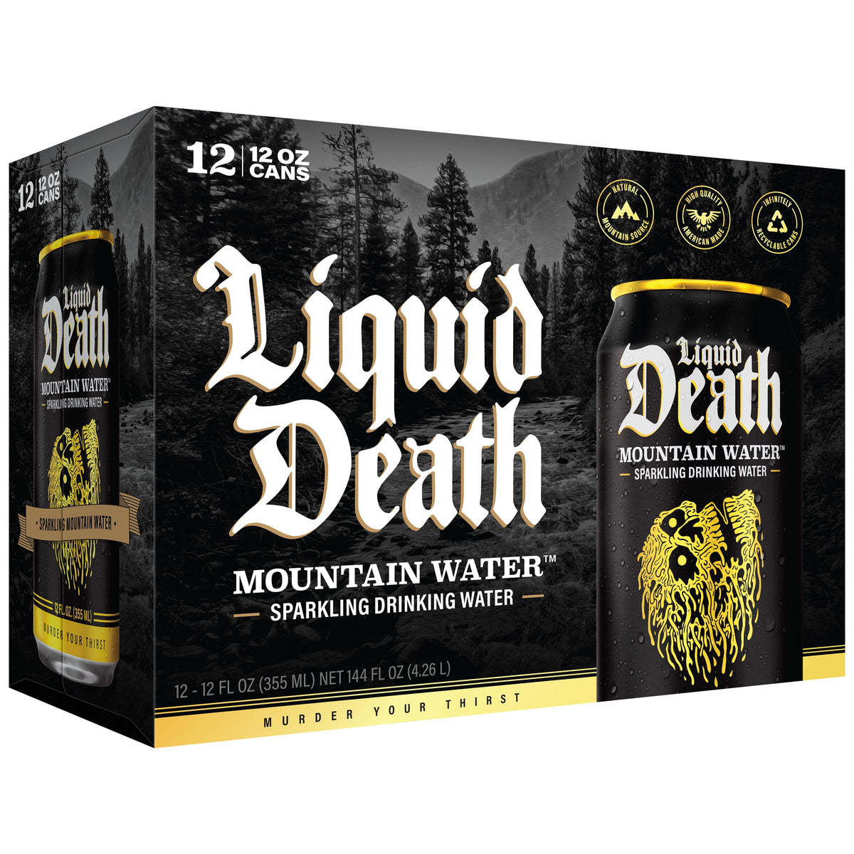 Liquid Death Pack of 12 Cans front view for convenient hydration