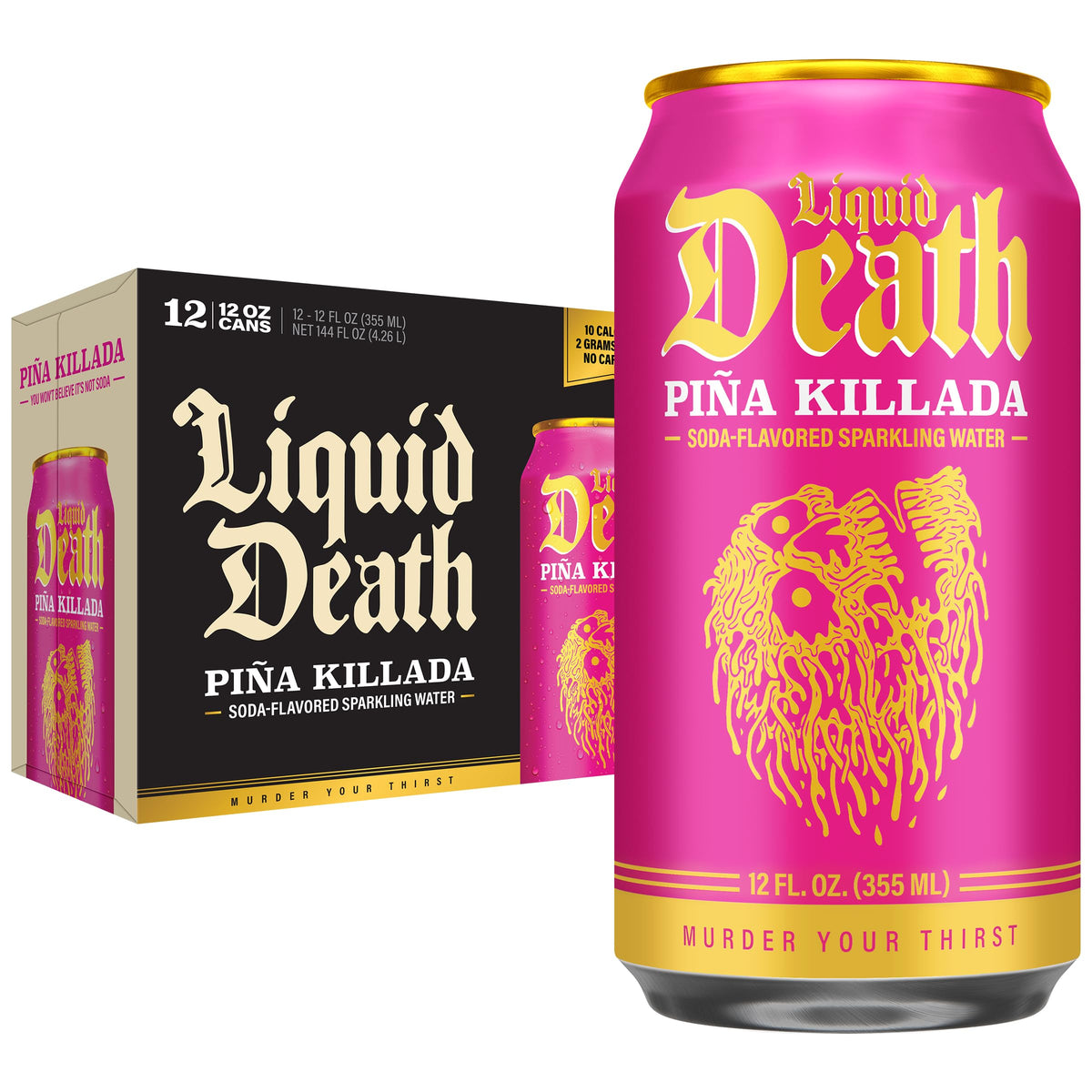 Liquid Death Piña Killada can close-up showing bold pineapple-coconut flavor for refreshing snacking