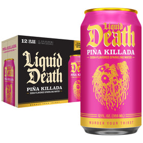 Liquid Death Piña Killada can close-up showing bold pineapple-coconut flavor for refreshing snacking